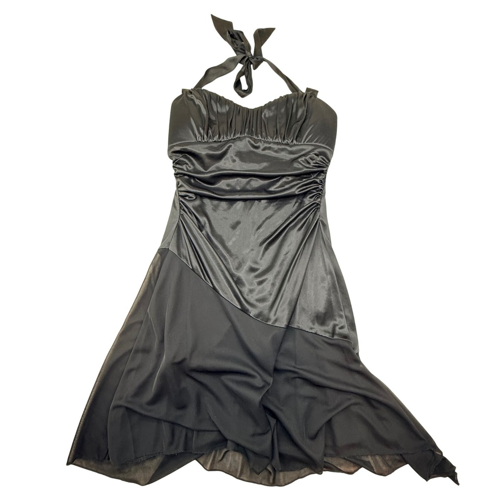 Ruby Rox Black Halter Neck Ruched Satin Mesh Cocktail Dress Medium homecoming
